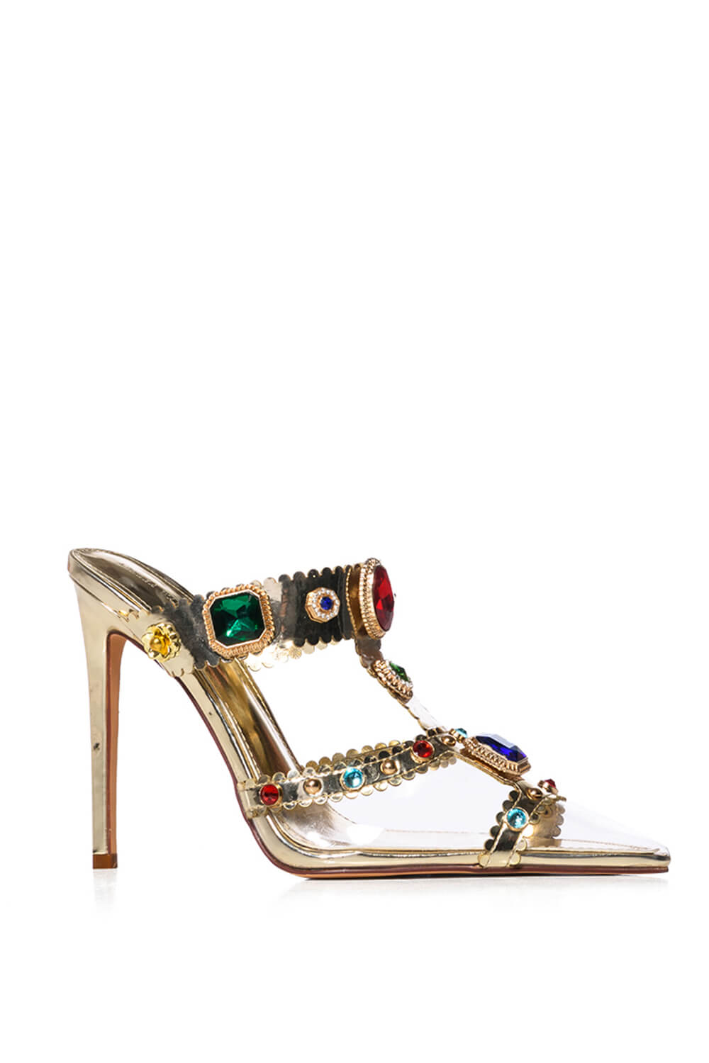 Metallic Gem Embellished Pvc Stiletto Mules - Gold