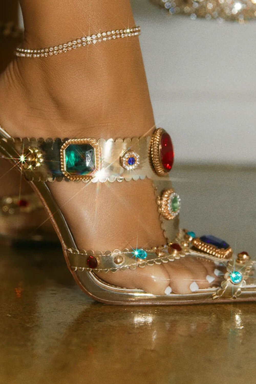 Metallic Gem Embellished Pvc Stiletto Mules - Gold