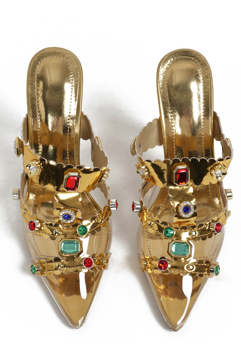 Metallic Gem Embellished Pvc Stiletto Mules - Gold