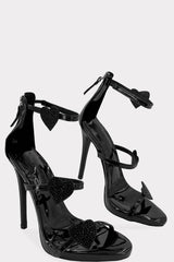 Faux Leather Diamante Heart Detail Pointed Toe Stiletto Heel - Black