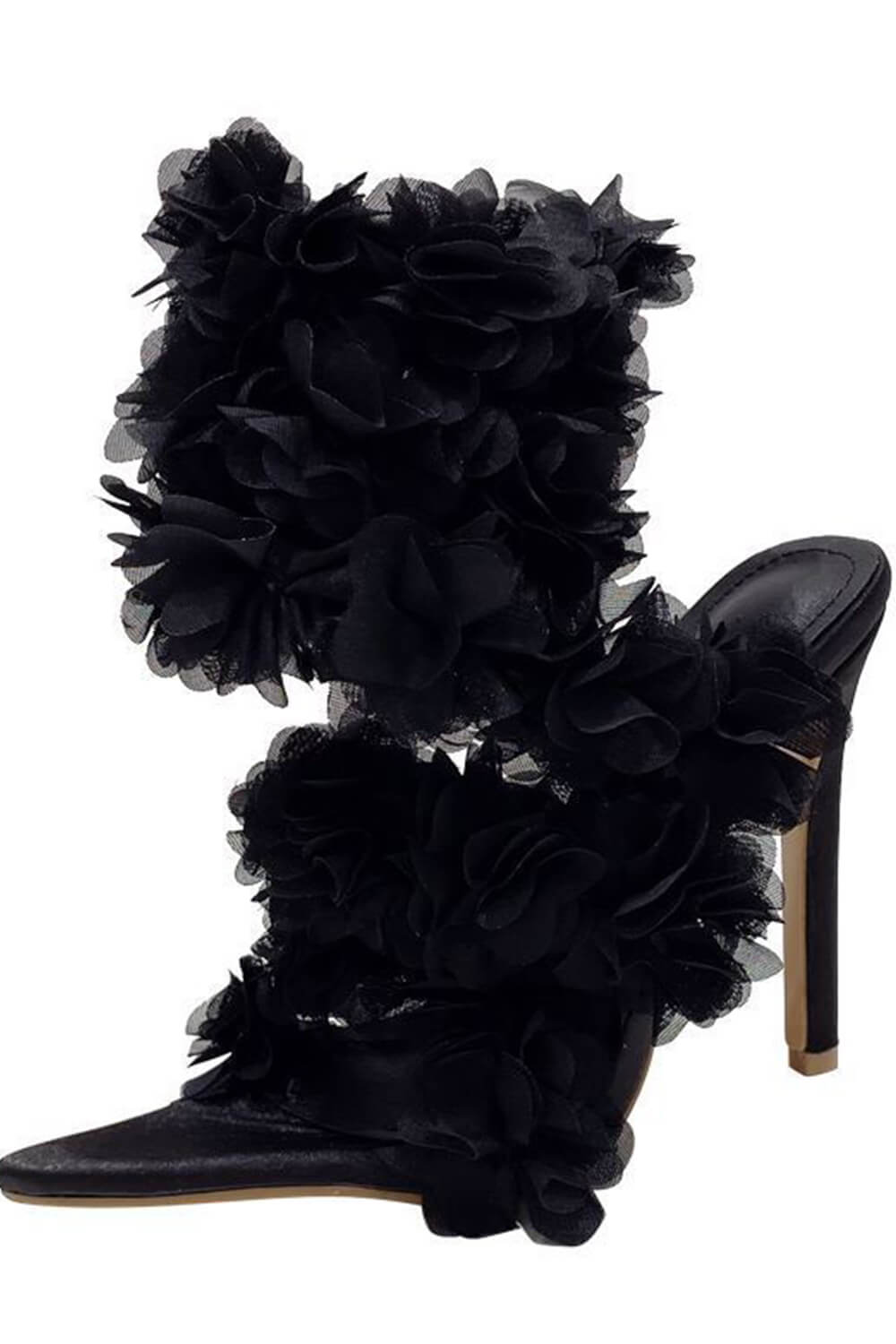 Faux Patent Leather Floral Open Almond Toe Stiletto Sandal - Black