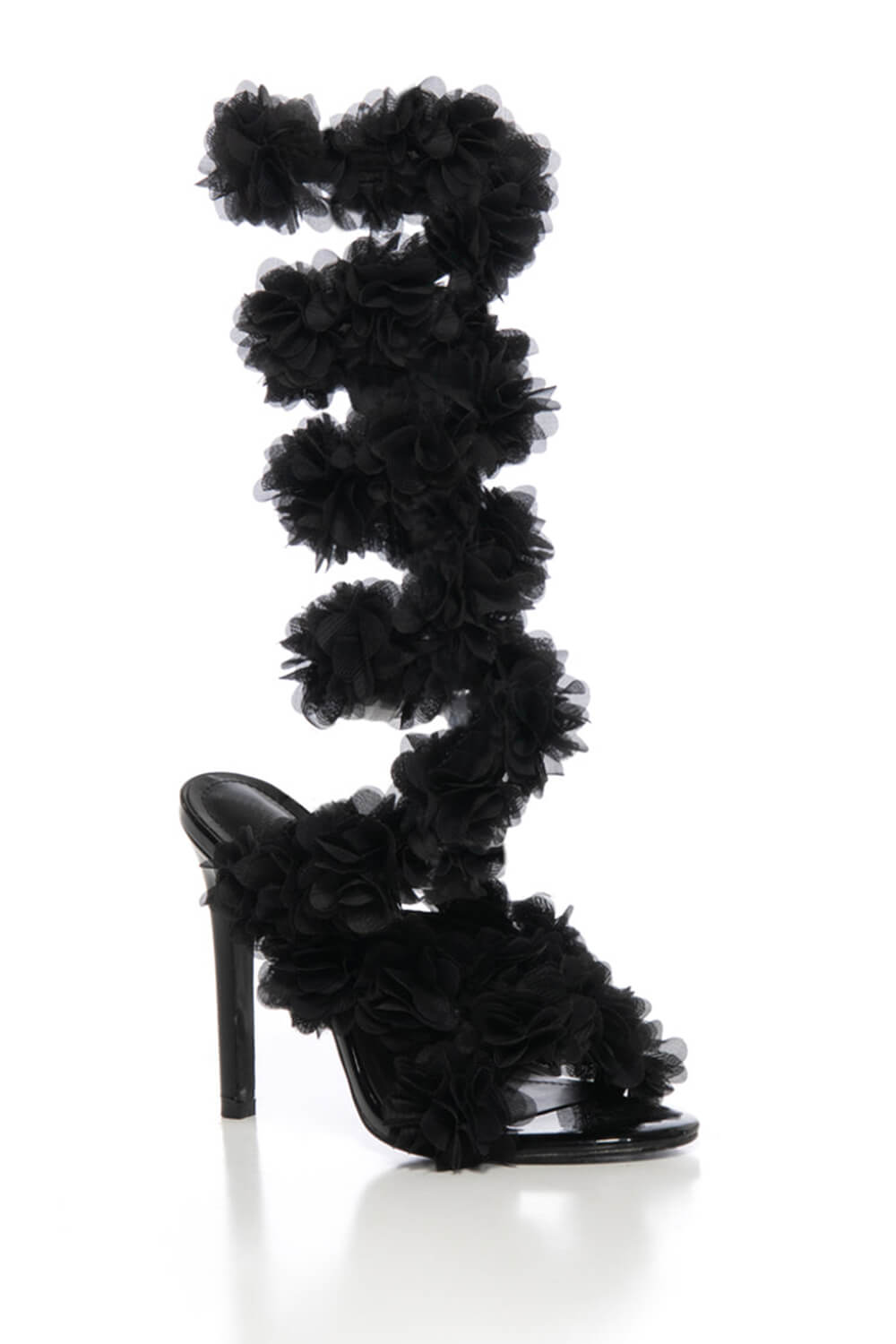 Faux Patent Leather Floral Open Almond Toe Stiletto Sandal - Black