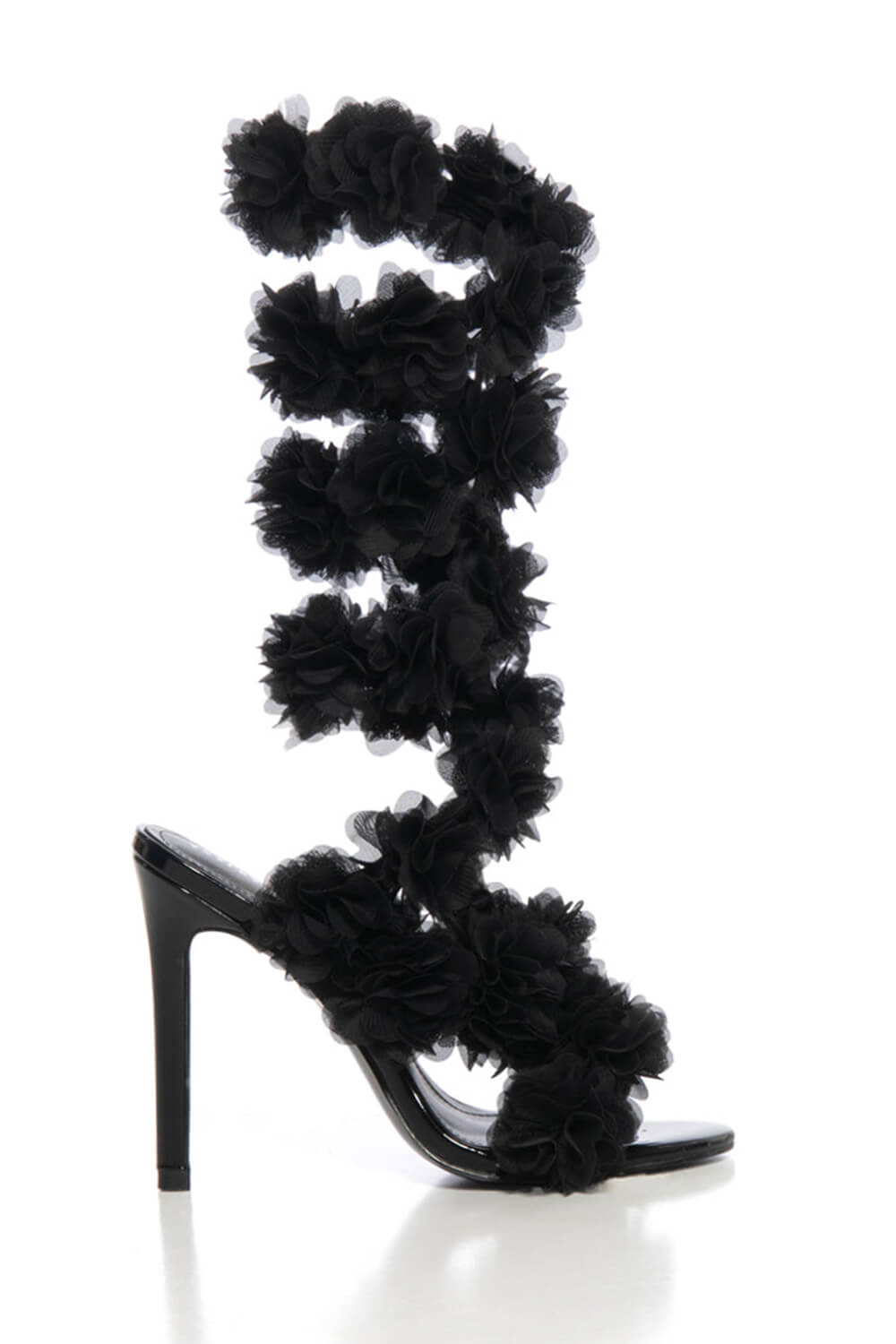 Faux Patent Leather Floral Open Almond Toe Stiletto Sandal - Black