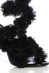 Faux Patent Leather Floral Open Almond Toe Stiletto Sandal - Black