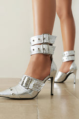 Metallic Python Double Buckle Strap Pointed Toe Ankle Stiletto Heel Boots - Silver