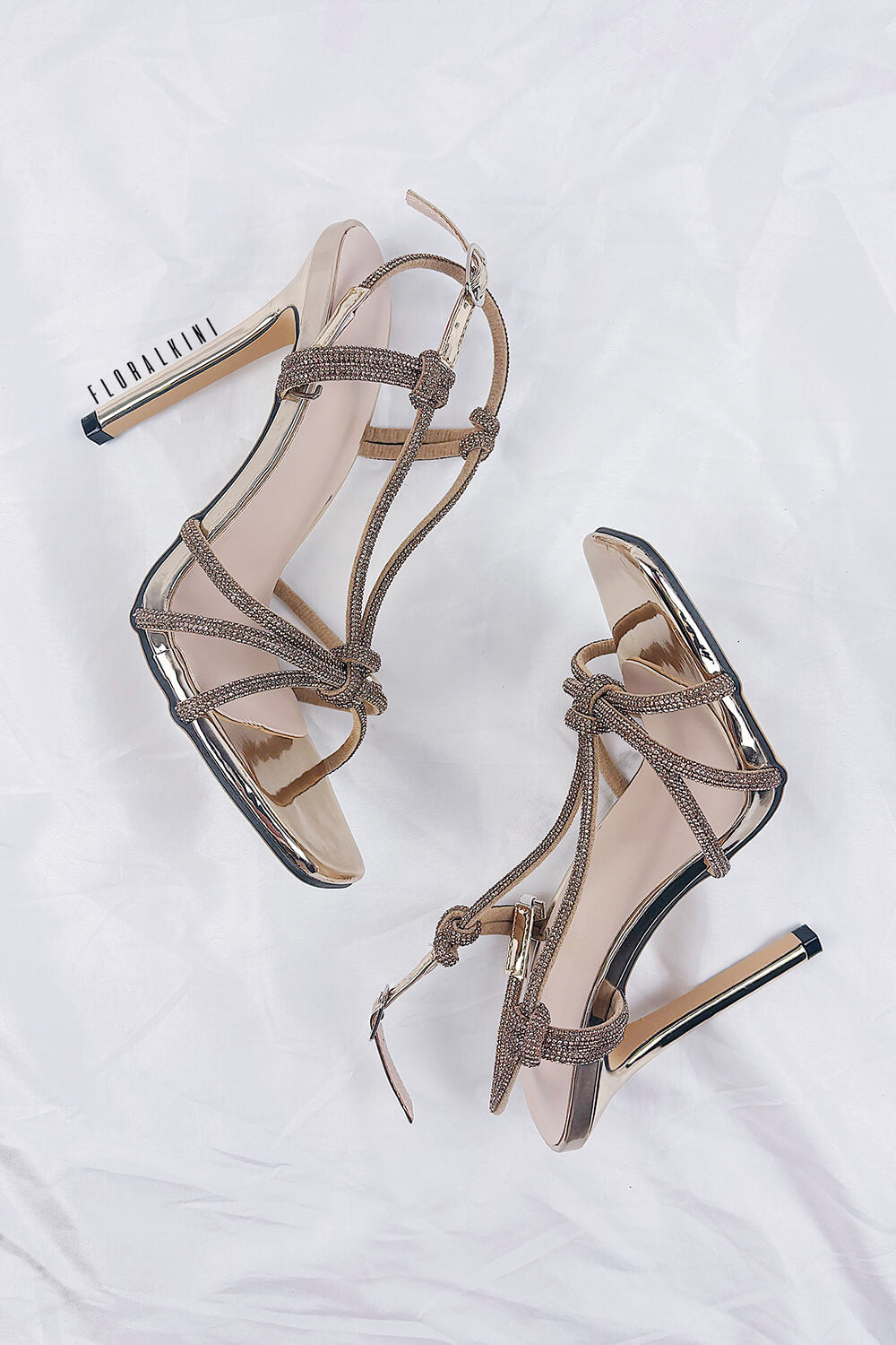 Diamante Knot Pointed Toe Slingback Heeled Sandals - Gold