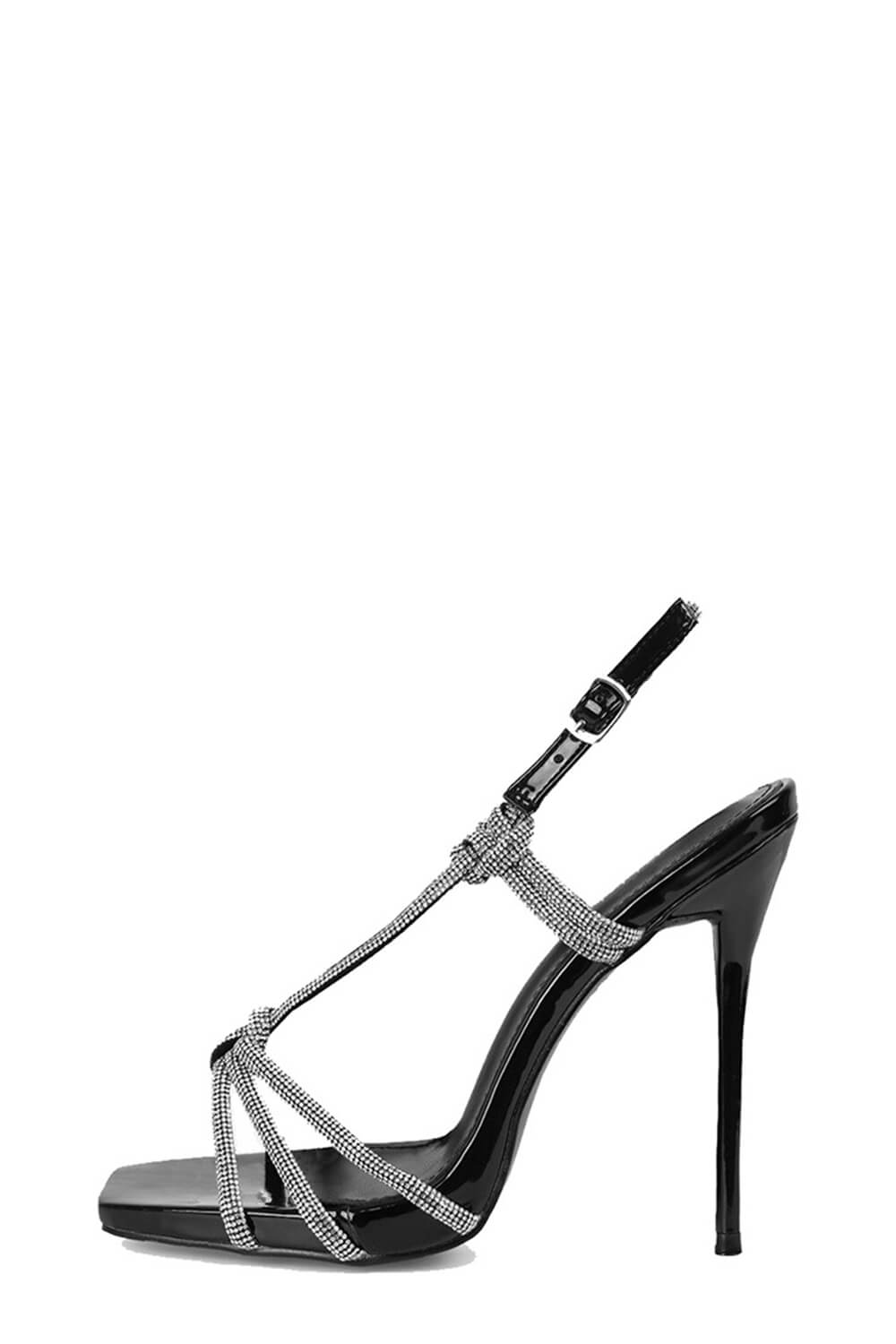 Diamante Knot Pointed Toe Slingback Heeled Sandals - Black