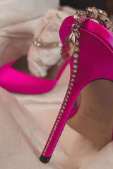 Faux Satin Diamante Chain Detail Ankle Strap Pointed Toe Stiletto Court Heel - Hot Pink