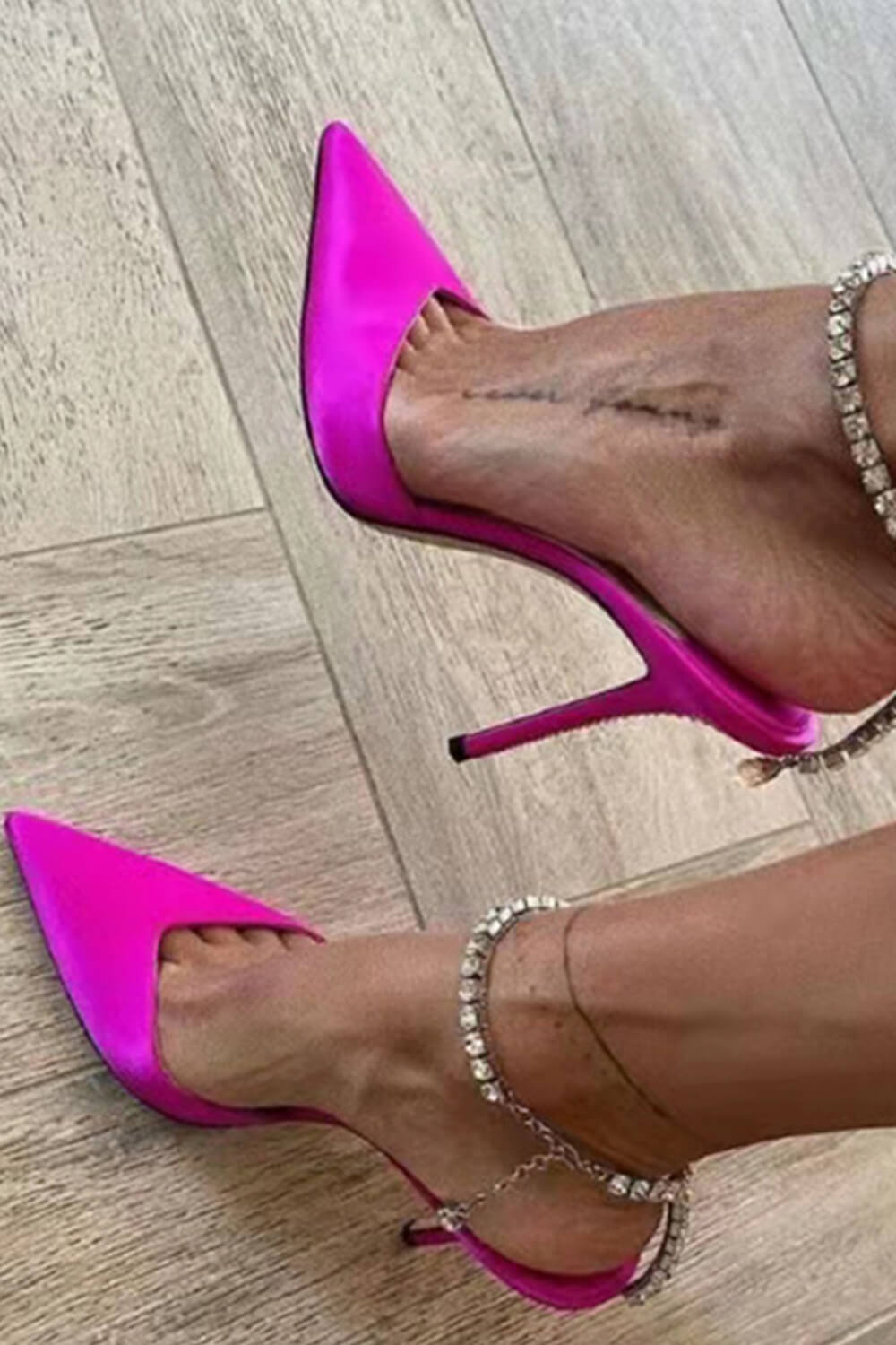 Faux Satin Diamante Chain Detail Ankle Strap Pointed Toe Stiletto Court Heel - Hot Pink