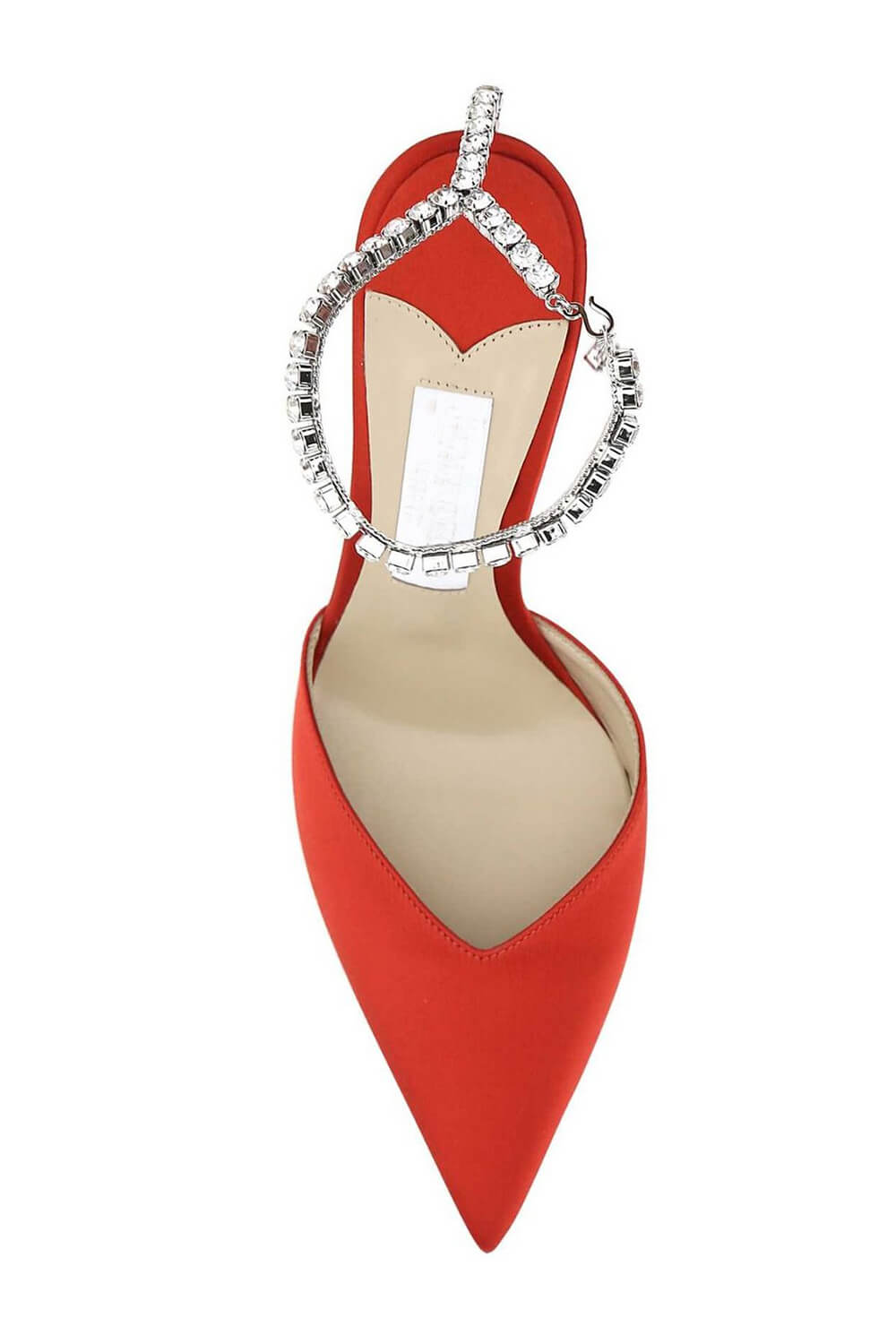 Faux Satin Diamante Chain Detail Ankle Strap Pointed Toe Stiletto Court Heel - Red