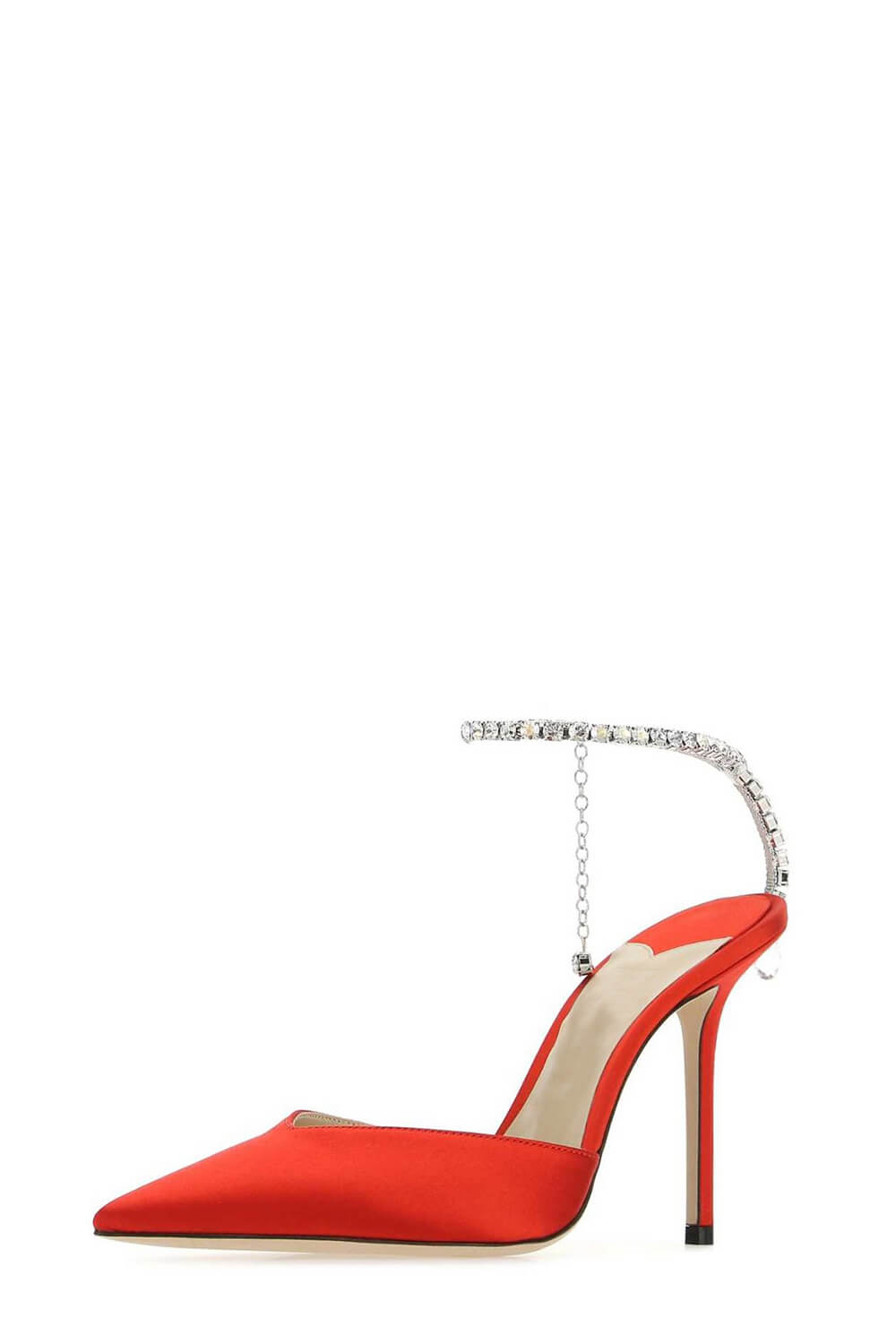 Faux Satin Diamante Chain Detail Ankle Strap Pointed Toe Stiletto Court Heel - Red
