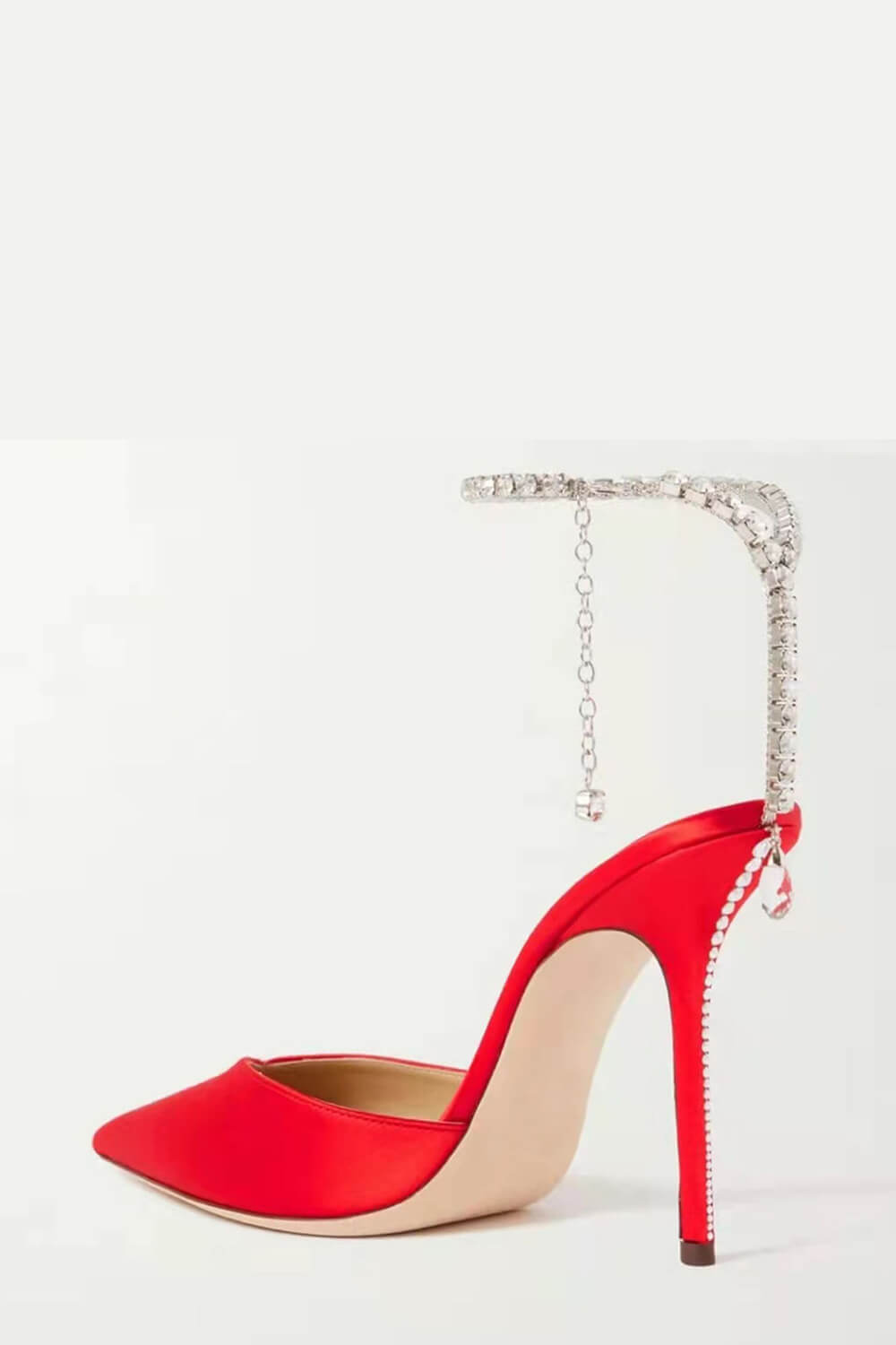 Faux Satin Diamante Chain Detail Ankle Strap Pointed Toe Stiletto Court Heel - Red