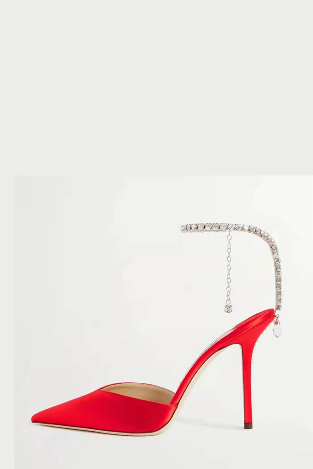 Faux Satin Diamante Chain Detail Ankle Strap Pointed Toe Stiletto Court Heel - Red