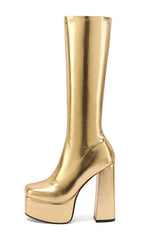 Metallic Faux Leather Platform Block Heel Knee High Boots - Gold