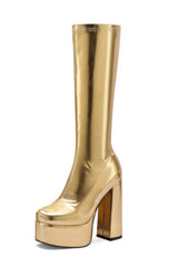 Metallic Faux Leather Platform Block Heel Knee High Boots - Gold