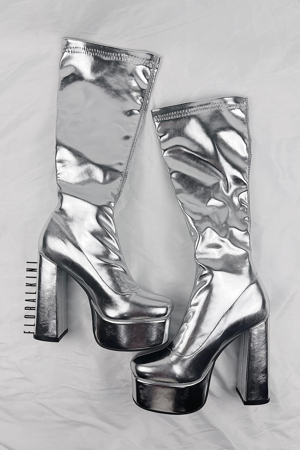 Metallic Faux Leather Platform Block Heel Knee High Boots - Silver
