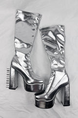 Metallic Faux Leather Platform Block Heel Knee High Boots - Silver