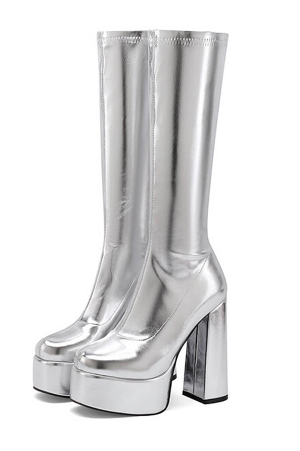 Metallic Faux Leather Platform Block Heel Knee High Boots - Silver