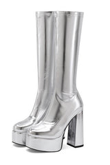 Metallic Faux Leather Platform Block Heel Knee High Boots - Silver