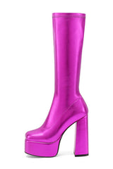 Metallic Faux Leather Platform Block Heel Knee High Boots - Hot Pink