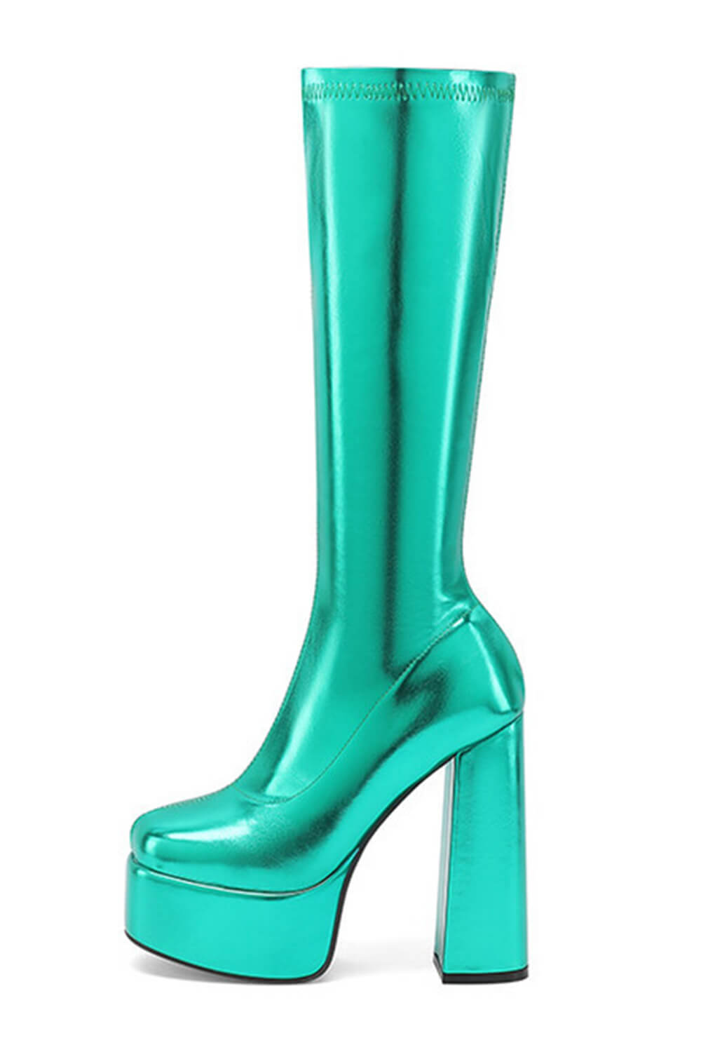 Metallic Faux Leather Platform Block Heel Knee High Boots - Green