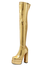 Metallic Faux Leather Double Platform Block Heel Thigh High Boots - Gold