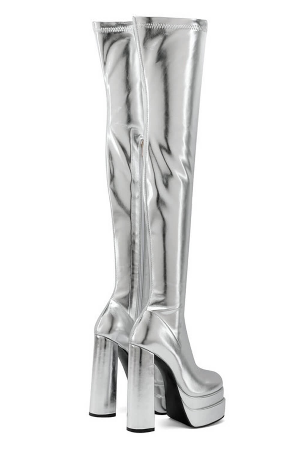 Metallic Faux Leather Double Platform Block Heel Thigh High Boots - Silver