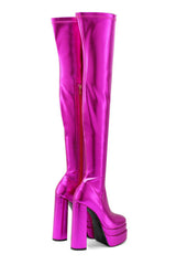 Metallic Faux Leather Double Platform Block Heel Thigh High Boots - Hot Pink