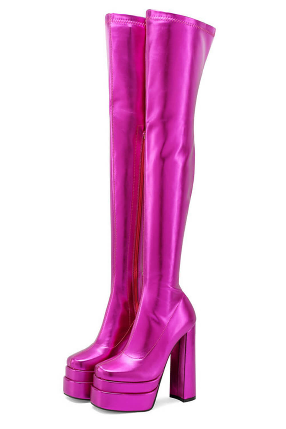 Metallic Faux Leather Double Platform Block Heel Thigh High Boots - Hot Pink