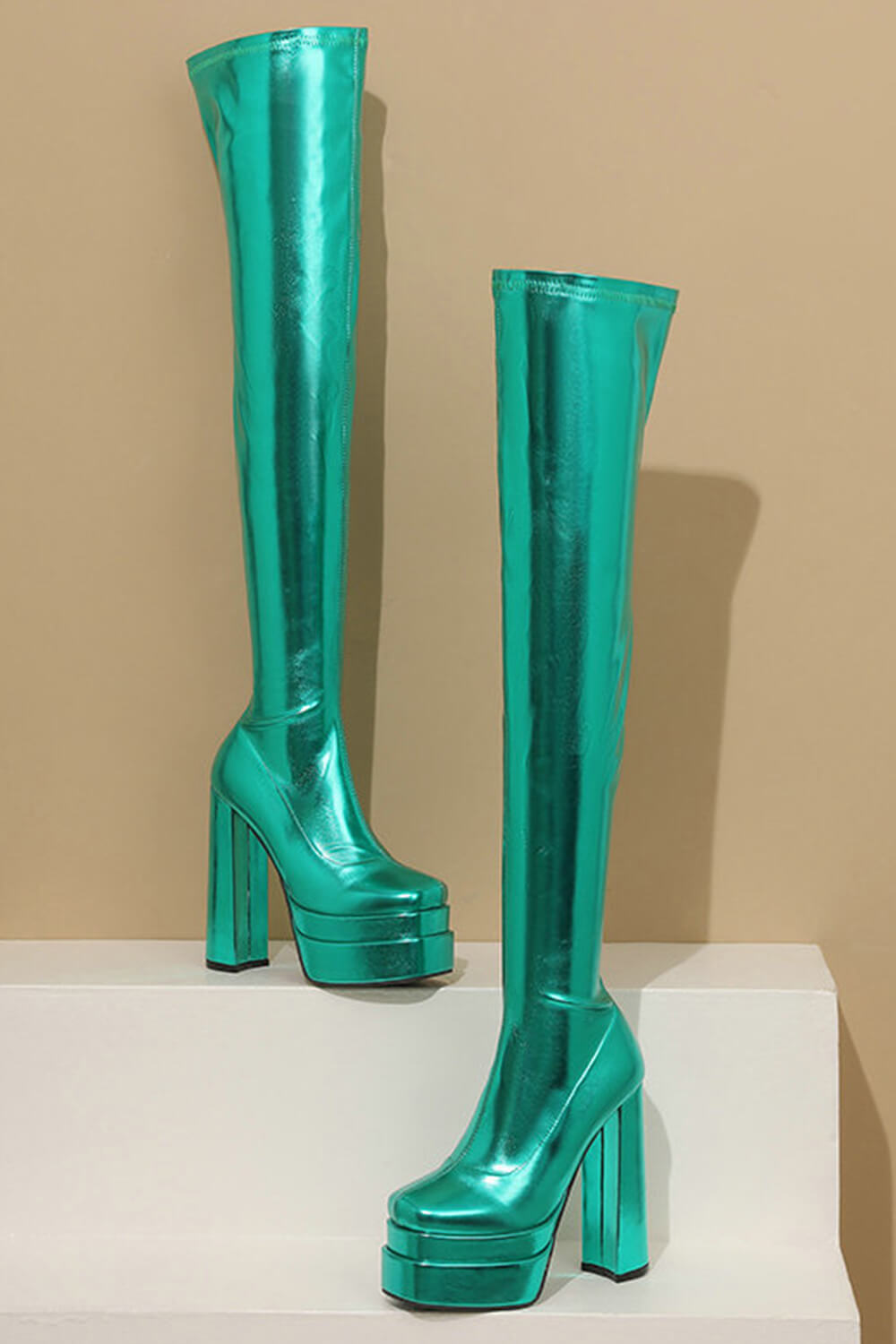 Metallic Faux Leather Double Platform Block Heel Thigh High Boots - Green