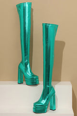 Metallic Faux Leather Double Platform Block Heel Thigh High Boots - Green