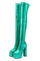 Metallic Faux Leather Double Platform Block Heel Thigh High Boots - Green