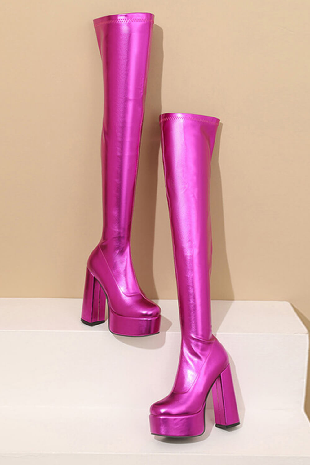 Metallic Faux Leather Platform Block Heel Thigh High Boots - Hot Pink