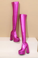 Metallic Faux Leather Platform Block Heel Thigh High Boots - Hot Pink