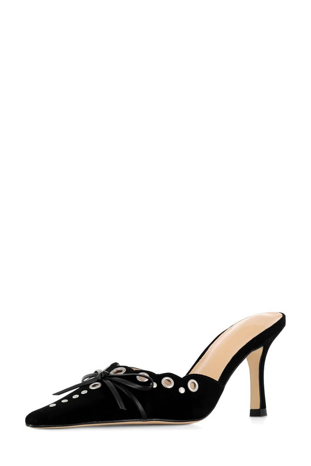 Faux Suede Eyelet Detail Pointed Toe Court Heel Mule - Black