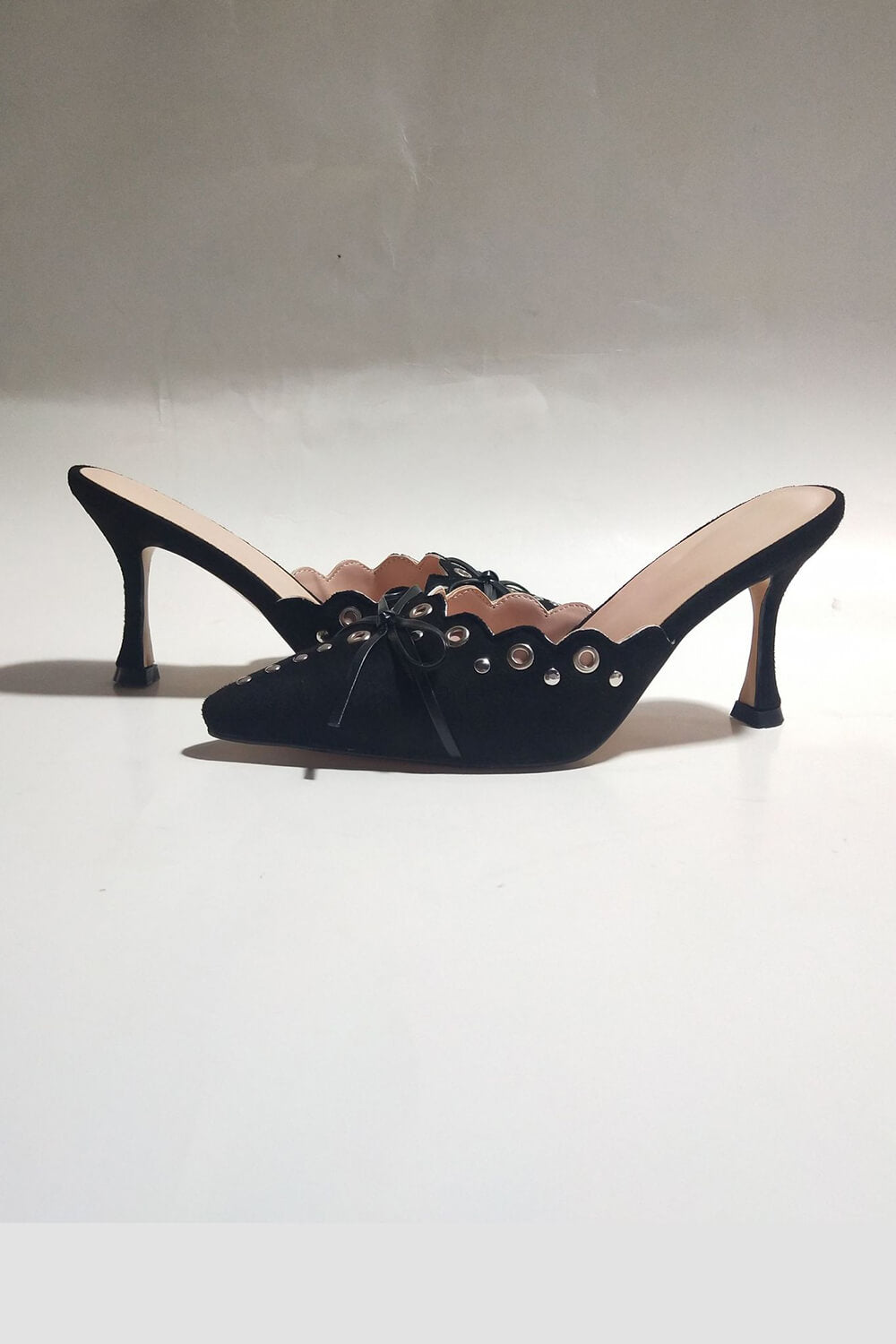 Faux Suede Eyelet Detail Pointed Toe Court Heel Mule - Black