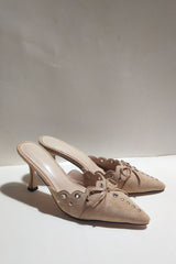 Faux Suede Eyelet Detail Pointed Toe Court Heel Mule - Nude