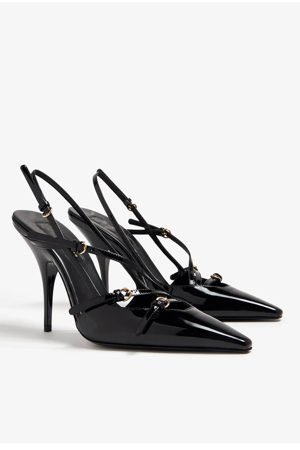 Buckle Patent Pointed Toe Sling Back Court Shoes - Black