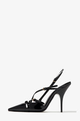 Buckle Patent Pointed Toe Sling Back Court Shoes - Black