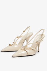 Buckle Patent Pointed Toe Sling Back Court Shoes - Nude