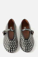 Faux Leather Crystal-Embellished Buckled Ballet Flats - Black