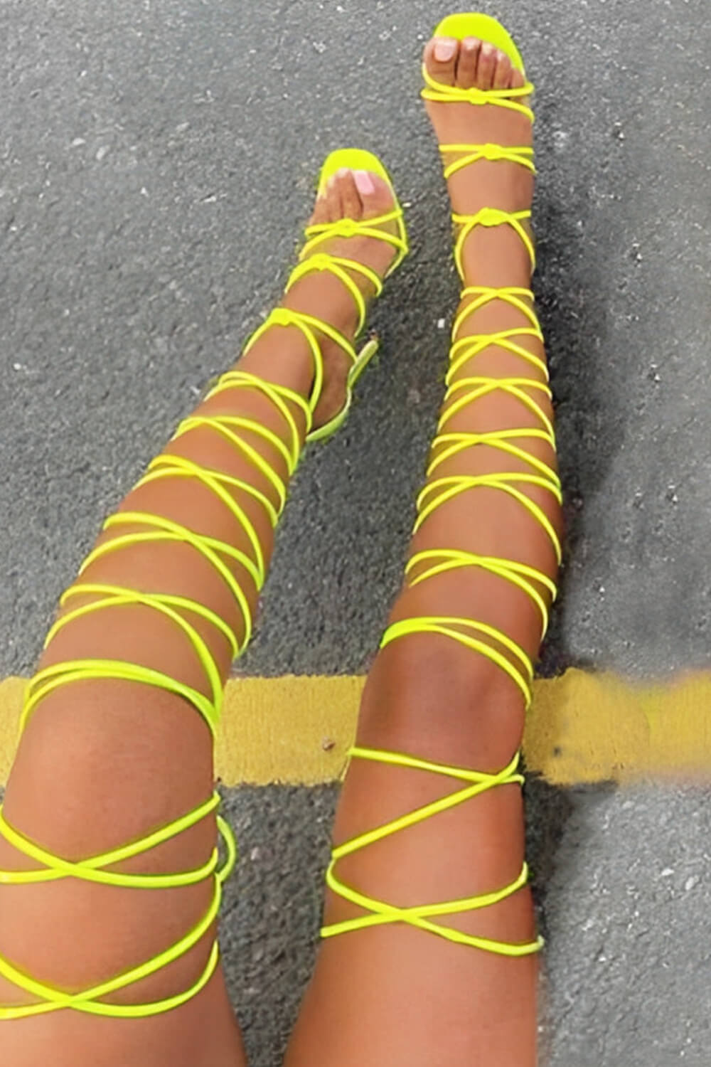 Lace-Up Over Knee Knot Stiletto Heels - Neon Yellow
