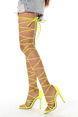 Lace-Up Over Knee Knot Stiletto Heels - Neon Yellow