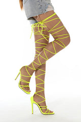 Lace-Up Over Knee Knot Stiletto Heels - Neon Yellow
