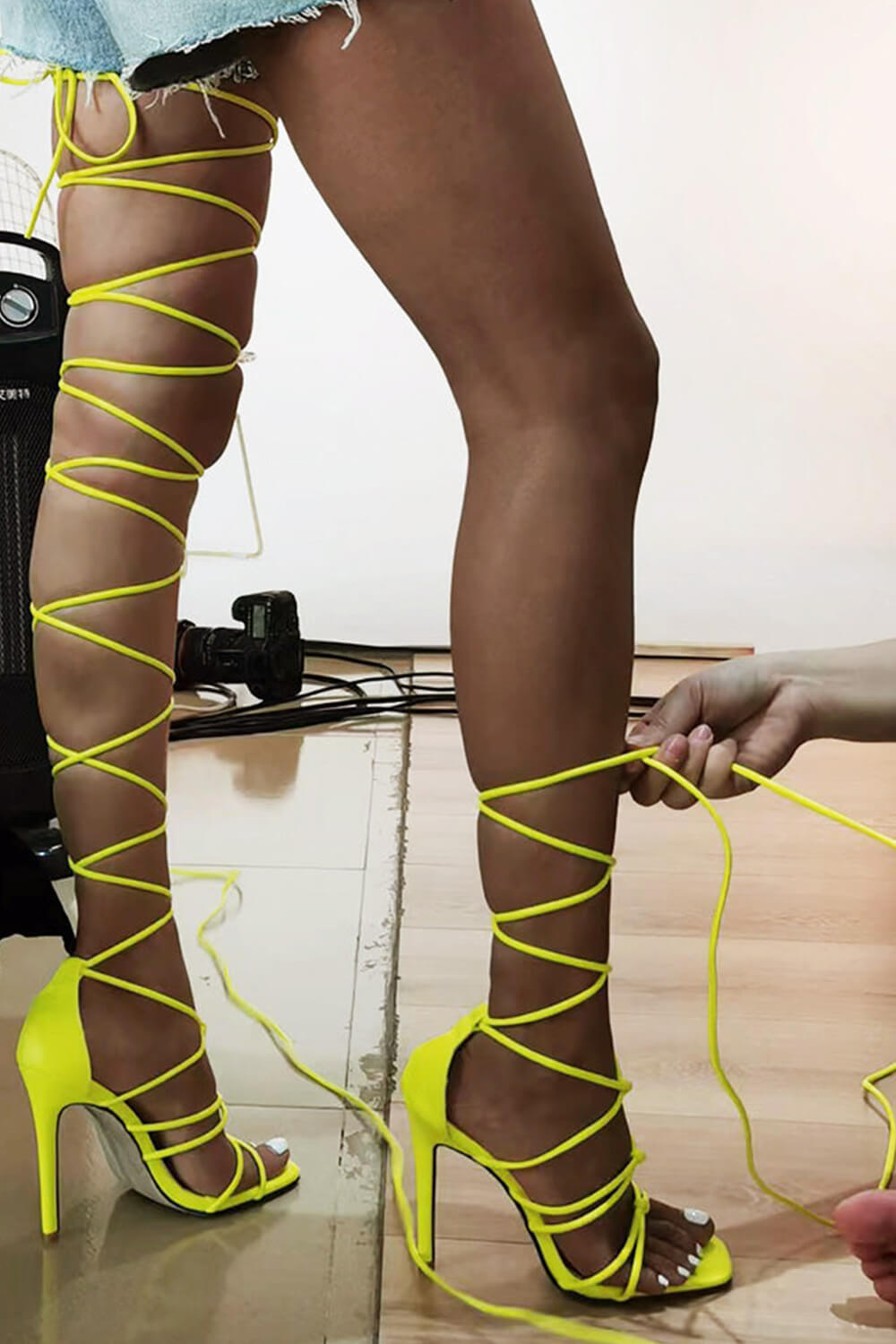 Lace-Up Over Knee Knot Stiletto Heels - Neon Yellow