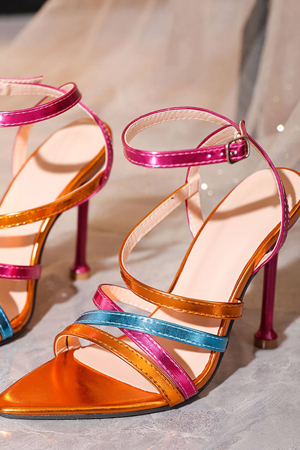 Metallic Strappy Pointed Toe Stiletto Heels - Multicolor
