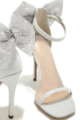 Diamante Bow Embellished Open Square Toe Stiletto Heels - Silver