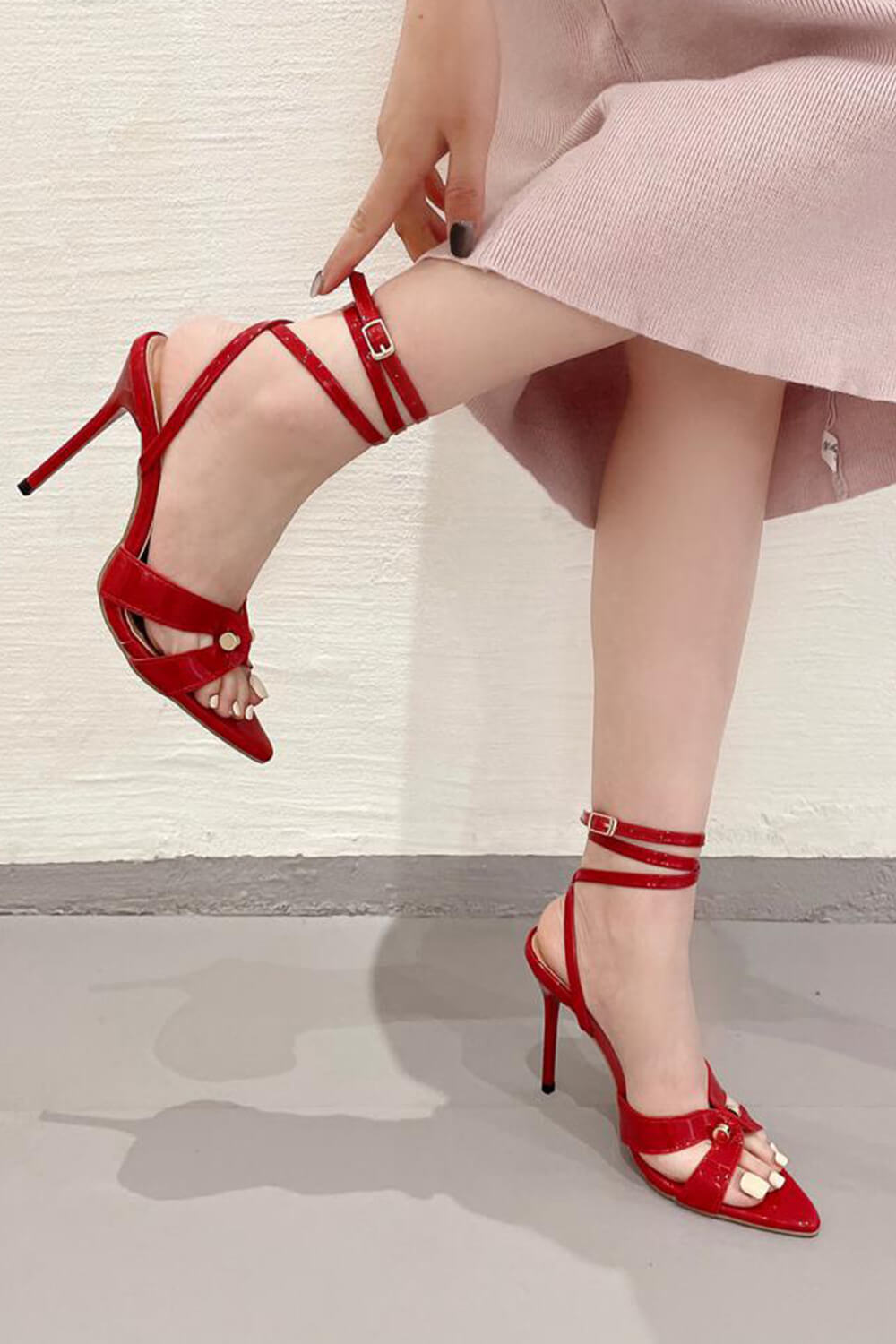 Patent Lace Up Pointed Toe Stiletto Heels - Dark Red