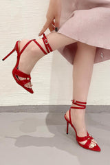 Patent Lace Up Pointed Toe Stiletto Heels - Dark Red