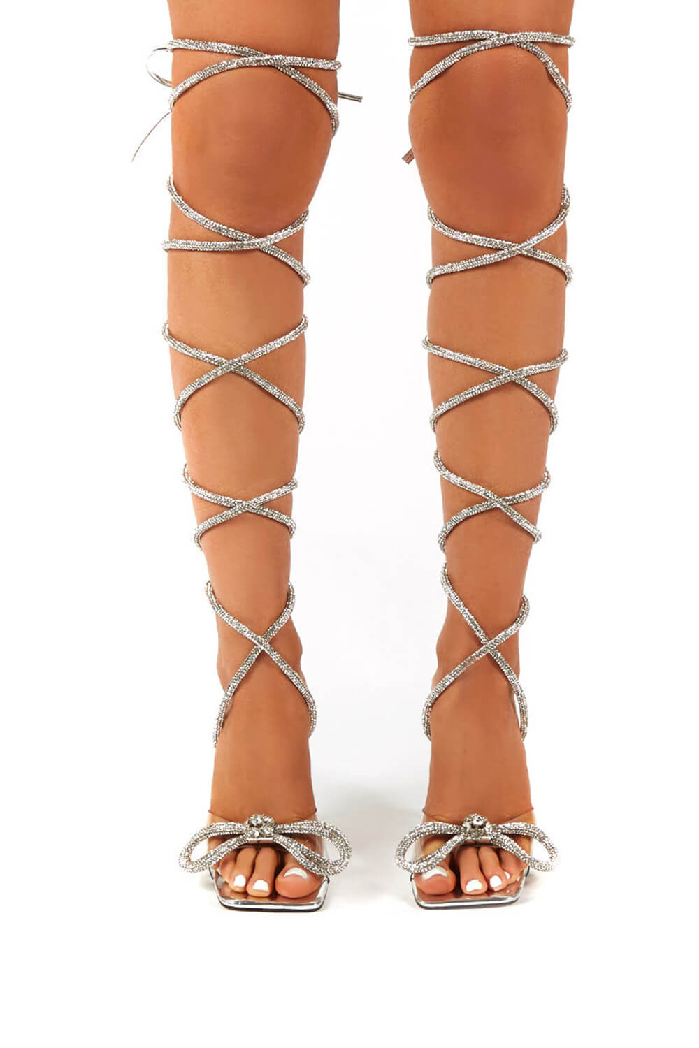 Lace Up Diamante Bow Square Toe Clear Perspex Heel